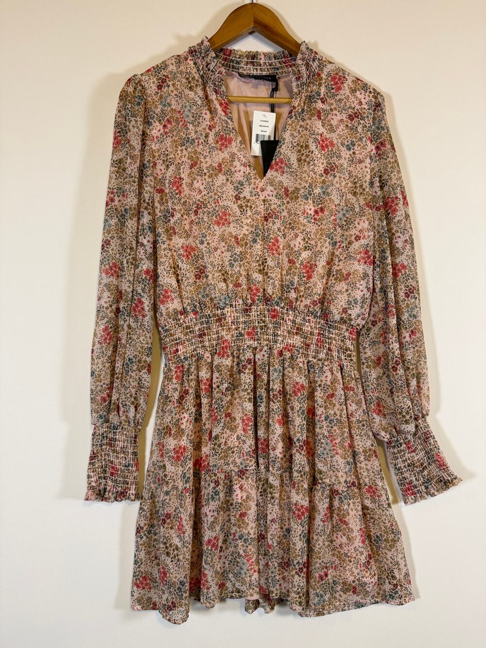 Gibsonlook Floral Dress Womens M NWT Pink Smocked Waist Long Sleeve